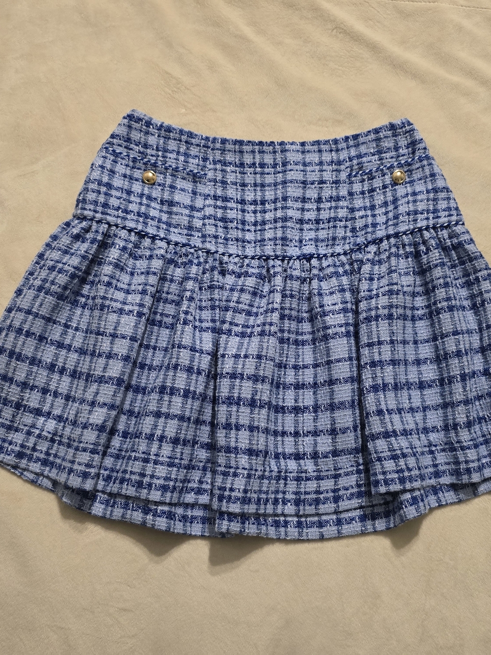 Light Blue Plaid Circle Skirt with Gold Button Details